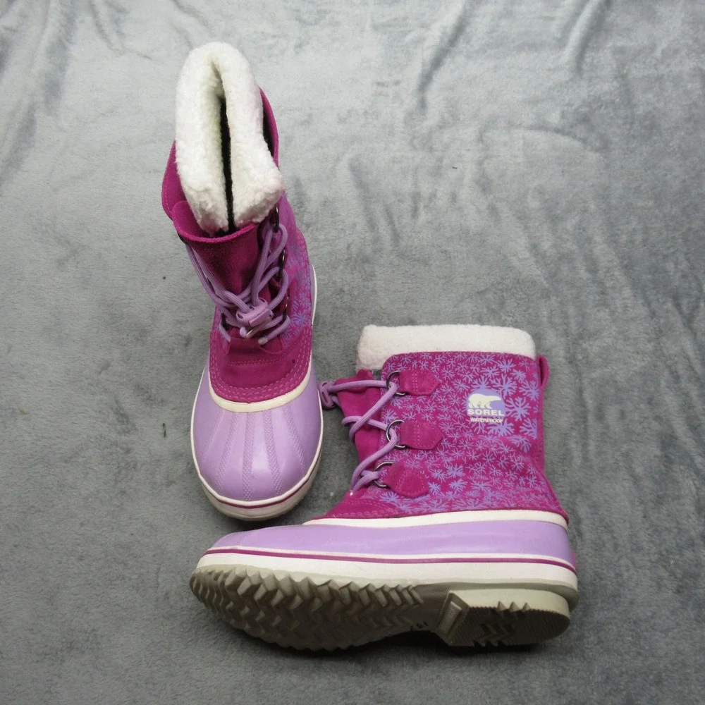 Sorel Snow Boots Youth 6 Purple Snowflake Lace‎ Up Faux Fur Waterproof Winter